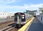 The S train heads away from the Howard Beach-JFK Airport Station to Rockaway Blvd Station